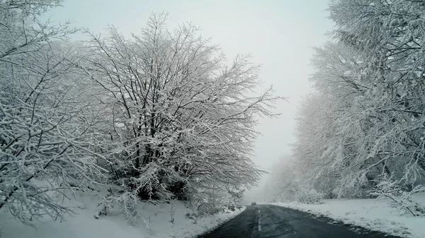 Pontos Carro Dirigem Perigosa Estrada Montanha Inverno Com Floresta Pinheiros — Fotografia de Stock