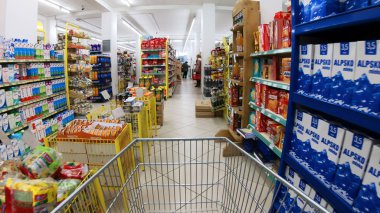 Skopje, Makedonya - Mar, 2018 yaklaşık: boş alışveriş sepeti arabası ile süpermarket taşıma