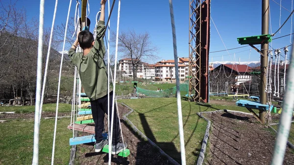 Felice Ragazzo Della Scuola Godendo Attività Parco Avventura Arrampicata Una — Foto Stock