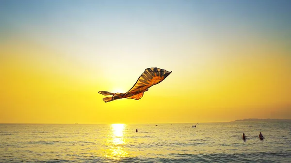 Kite Toy Fly Ενάντια Στο Ηλιοβασίλεμα Της Θάλασσας — Φωτογραφία Αρχείου