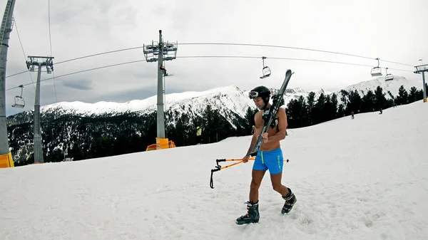 Winter Sexy Party Man Happy Naked Male Skier Enjoy Winter — Stock Photo, Image