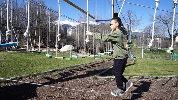 Felice Ragazzo Della Scuola Godendo Attività Parco Avventura Arrampicata Una — Foto Stock