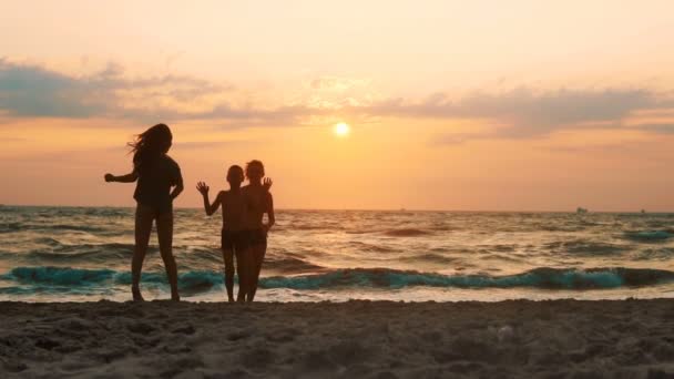 一群快乐的孩子在日落时在海滩上跳来跳去 美丽和快乐的青少年朋友有乐趣 喷洒在夏季日落 慢动作 — 图库视频影像