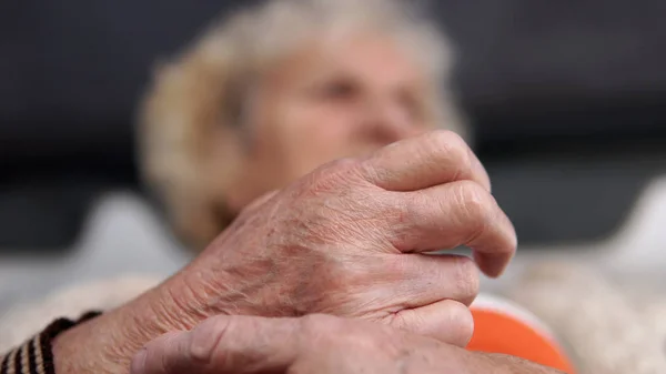 Old Senior Woman Make Therapy Massage Her Hands Wrinkled Skin — Stock Photo, Image