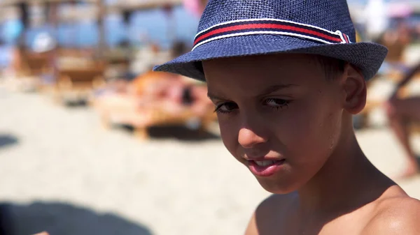 Happy Hispanic Boy Hat Smiling Beach Give Kiss Camera — Stock Photo, Image