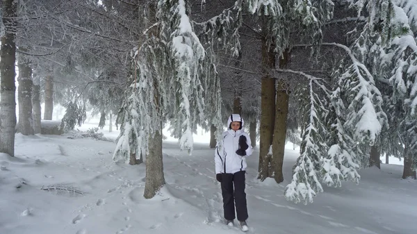 Mulher Caminha Floresta Pinheiros Inverno Neve Tempo Com Nevoeiro Visibilidade — Fotografia de Stock