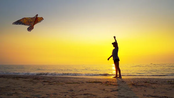 Silhueta Menino Com Chapéu Voando Uma Pipa Uma Praia Vazia — Fotografia de Stock