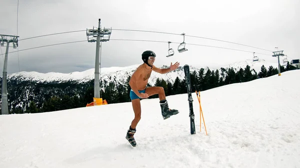 Happy Nude Male Have Fun Jump Dance Day Ski Slope — Stock Photo, Image
