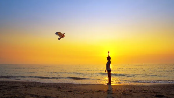 Boy Lançar Papagaio Correndo Praia Pôr Sol Tiro Steadicam Cinematográfico — Fotografia de Stock