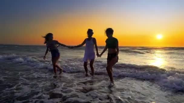 Bei Sonnenuntergang Tropischen Strand Laufen Junge Frauen Und Zwei Mädchen — Stockvideo