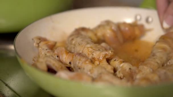 多汁的烤鸡串 由白肉和熏肉制成 在煎锅里翻来翻去 — 图库视频影像