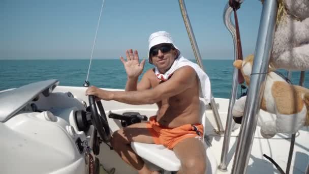 Kézi Kapitány Kormánykerék Motoros Csónak Parasail Adrenalin Túra Durres Albánia — Stock videók