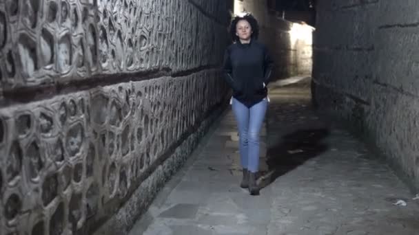 Femme Modèle Jeans Marcher Dans Rue Sombre Ruelle Avec Chaussée — Video