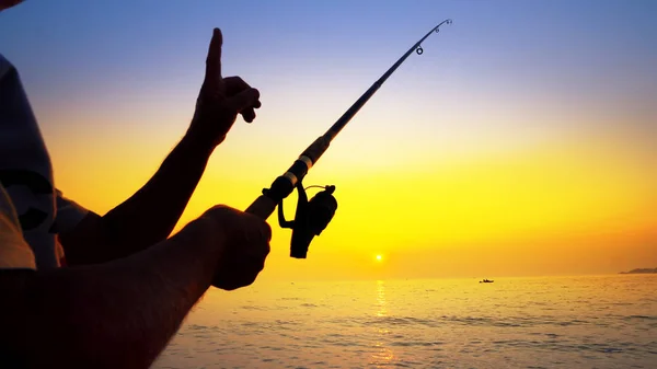 Fisherman Fishing Golden Sunshine Beautiful Sea — Stock Photo, Image