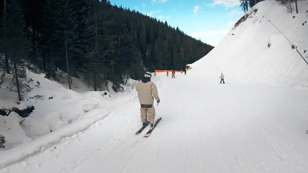 Artistic Professional Skier Ski Turn Backwards Slope — Stock Photo, Image