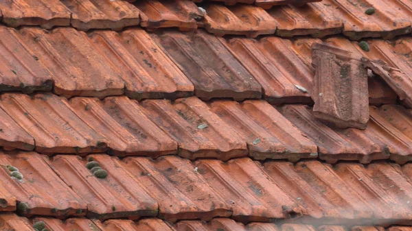 Nahaufnahme Pfanne Mit Orangefarbenen Ziegeln Auf Den Dächern Des Hauses — Stockfoto
