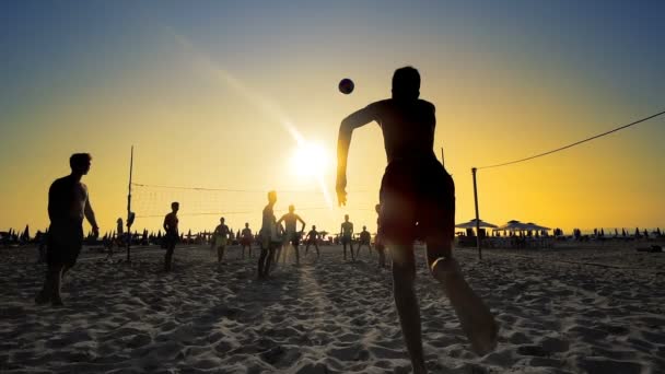日落海滩排球剪影 — 图库视频影像
