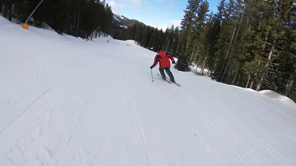 Experto Profesional Esquiando Pendiente Preparada Con Nieve Fresca Polvo Los —  Fotos de Stock
