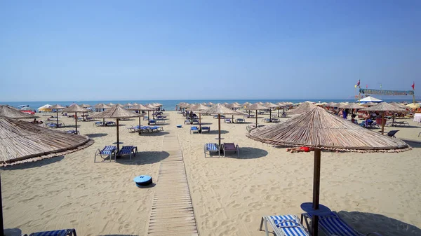 Lüks beach lounge yatak şemsiye ile. Güneşli havalarda ve mavi bir gökyüzü, steadicam sinematik vurdu