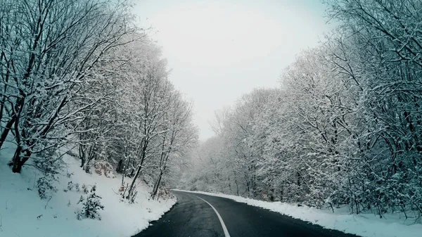 Vinter Bil Pov Snow Blizzard Med Dålig Sikt Berget Landsbygden — Stockfoto