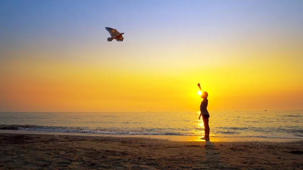 Chico Lanzar Una Cometa Corriendo Playa Atardecer Filmación Steadicam — Foto de Stock