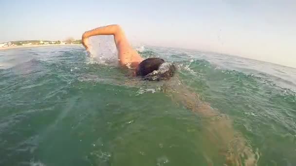 Young Man Swimming Crawl Lake Shot Swimmer Splashing Camera Slow — 비디오