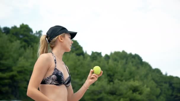 Woman Bikini Playing Beach Tennis Cinematic View — Stock Video