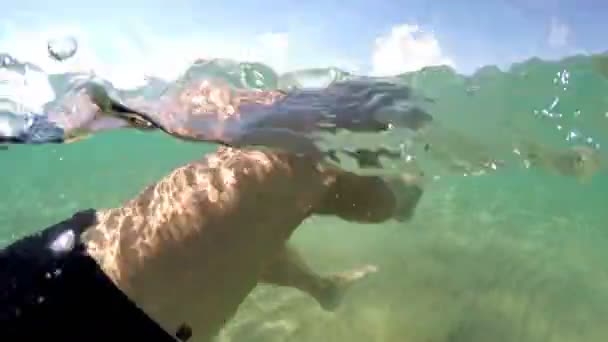 Pov Man Berenang Mundur Laut Gopro Dome Shot — Stok Video