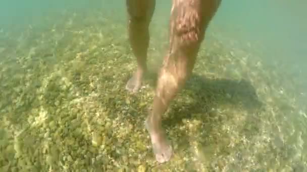 Άνθρωπος Σορτς Πόδια Ρηχά Νερά Gopro Θόλος Μισό Υποβρύχια Προβολή — Αρχείο Βίντεο
