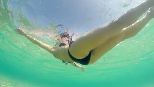 Szexi Bikiniben Pihentető Fekvő Tengervíz Felszínén Háttérvilágítás Nyári Napsugarak Víz — Stock videók