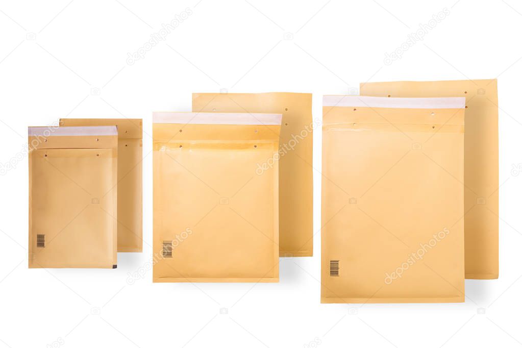 Set of isolated padded bubble mailers,  envelopes