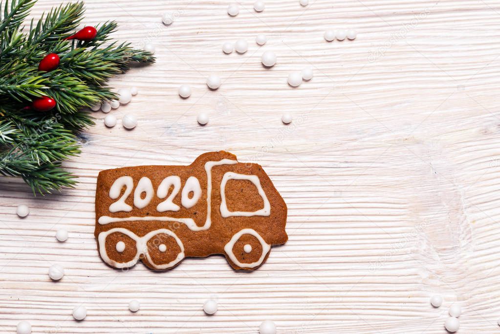 New Year decoration gingerbread truck with Year 2020