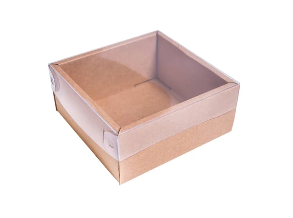 Caixa de papelão marrom artesanal com tampa transparente, isolados — Fotografia de Stock
