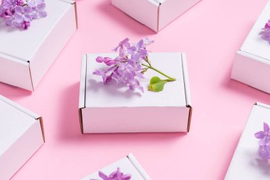 Pembe perde arkasında leylak çiçekleriyle süslenmiş bir sürü hediye kutusu.