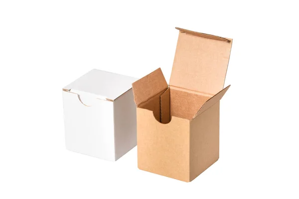 Conjunto Caixas Papelão Marrom Branco Isoladas — Fotografia de Stock