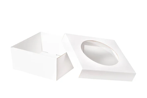 Caixa Papelão Branco Com Tampa Transparente Isolado — Fotografia de Stock