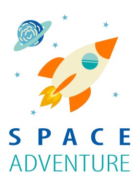 Uzay macera sloganı ve roket vektör. Çocuklar için t-shirt veya tüm tasarım