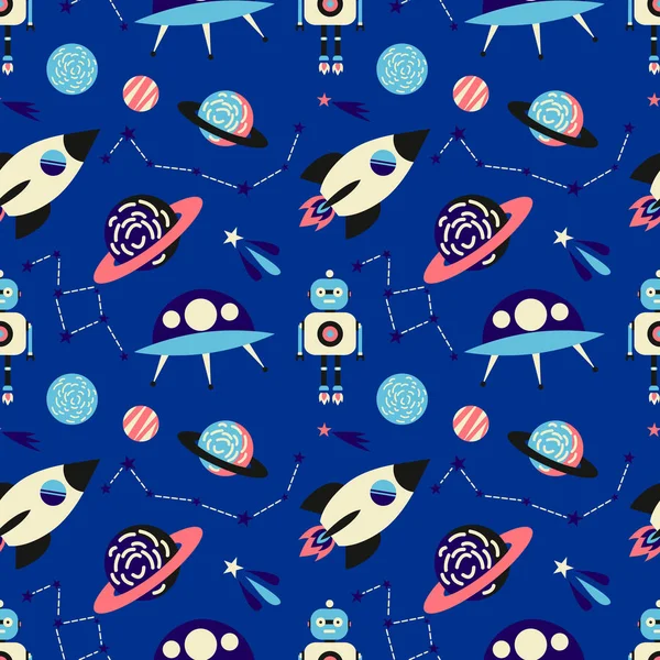 Space Seamless Pattern Vector Background Spaceship Planets Rocket Star Ufo — Stock Vector