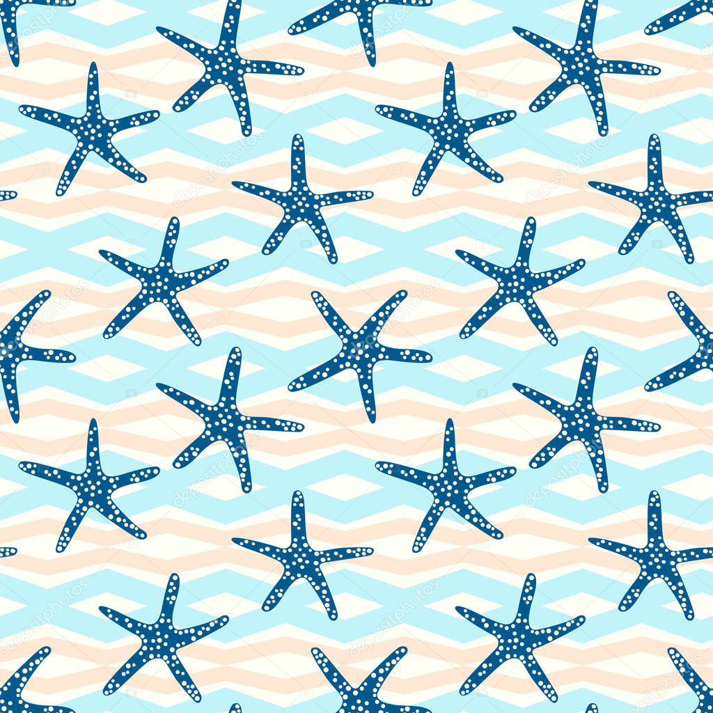 Starfish seamless pattern with on a  geometric line background. Tropical star fish pattern with modern style.