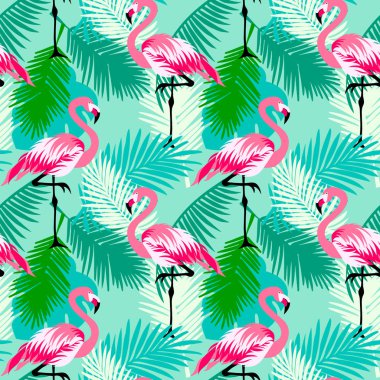 Sorunsuz çiçek vektör yaz desen tropikal orman yapraklarla, flamingo