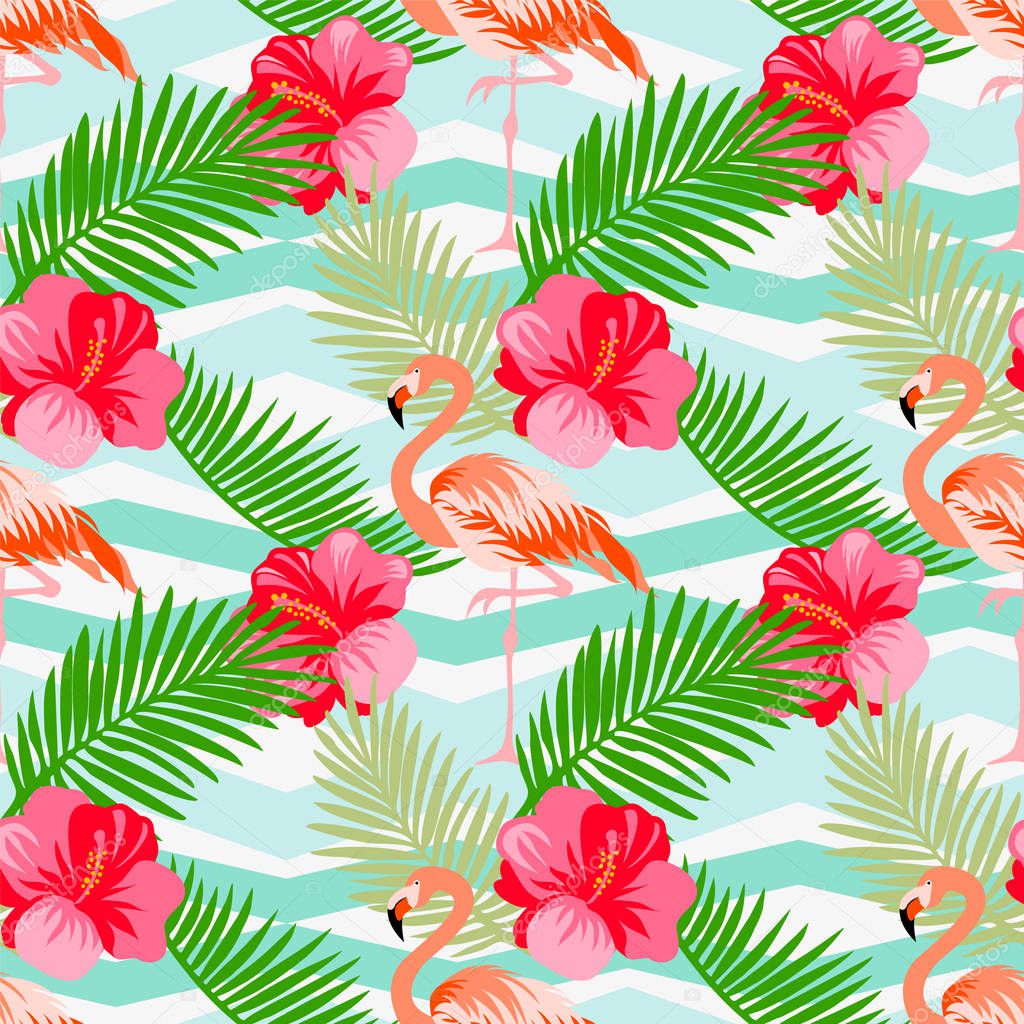 Seamless floral vector summer pattern with tropical leaves, flamingo, hibiscus on a geometric background