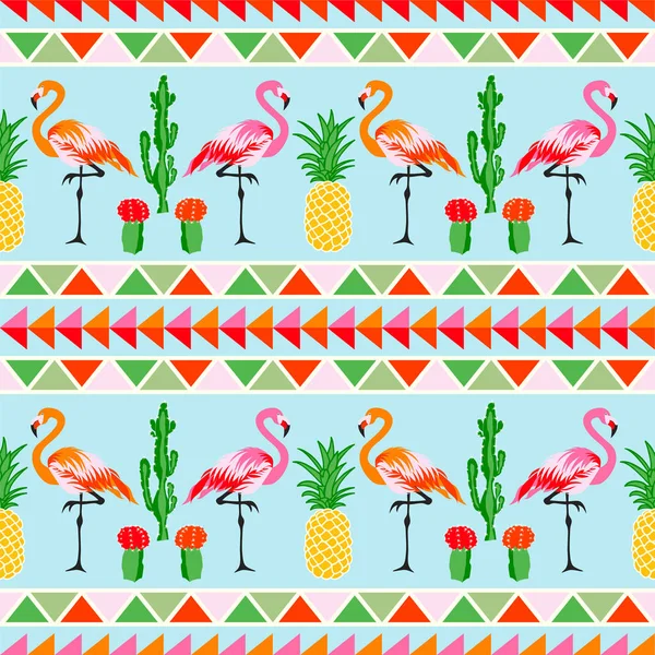 Flamingo Vogel Mit Tropischem Kaktus Und Ananasfrucht Vektorhintergrund — Stockvektor