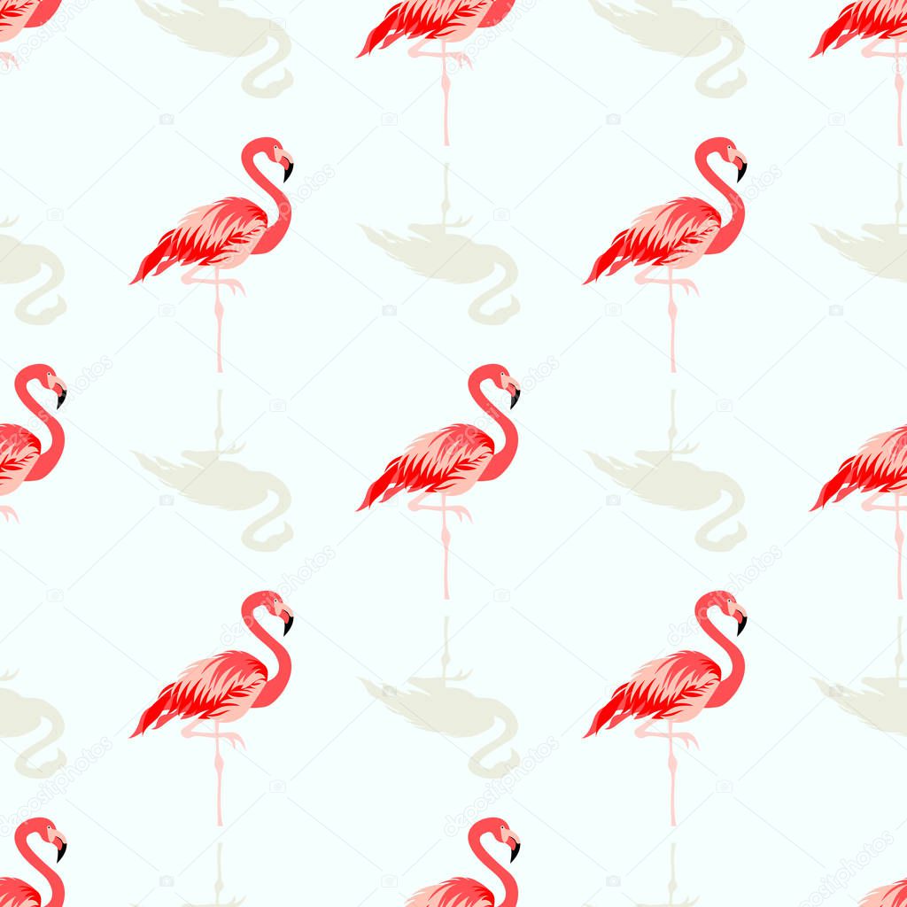 Seamless summer tropical pattern with cute flamingo bird