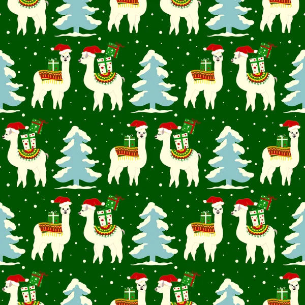 Weihnachten Nahtlose Muster Mit Niedlichen Lamas Hut — Stockvektor