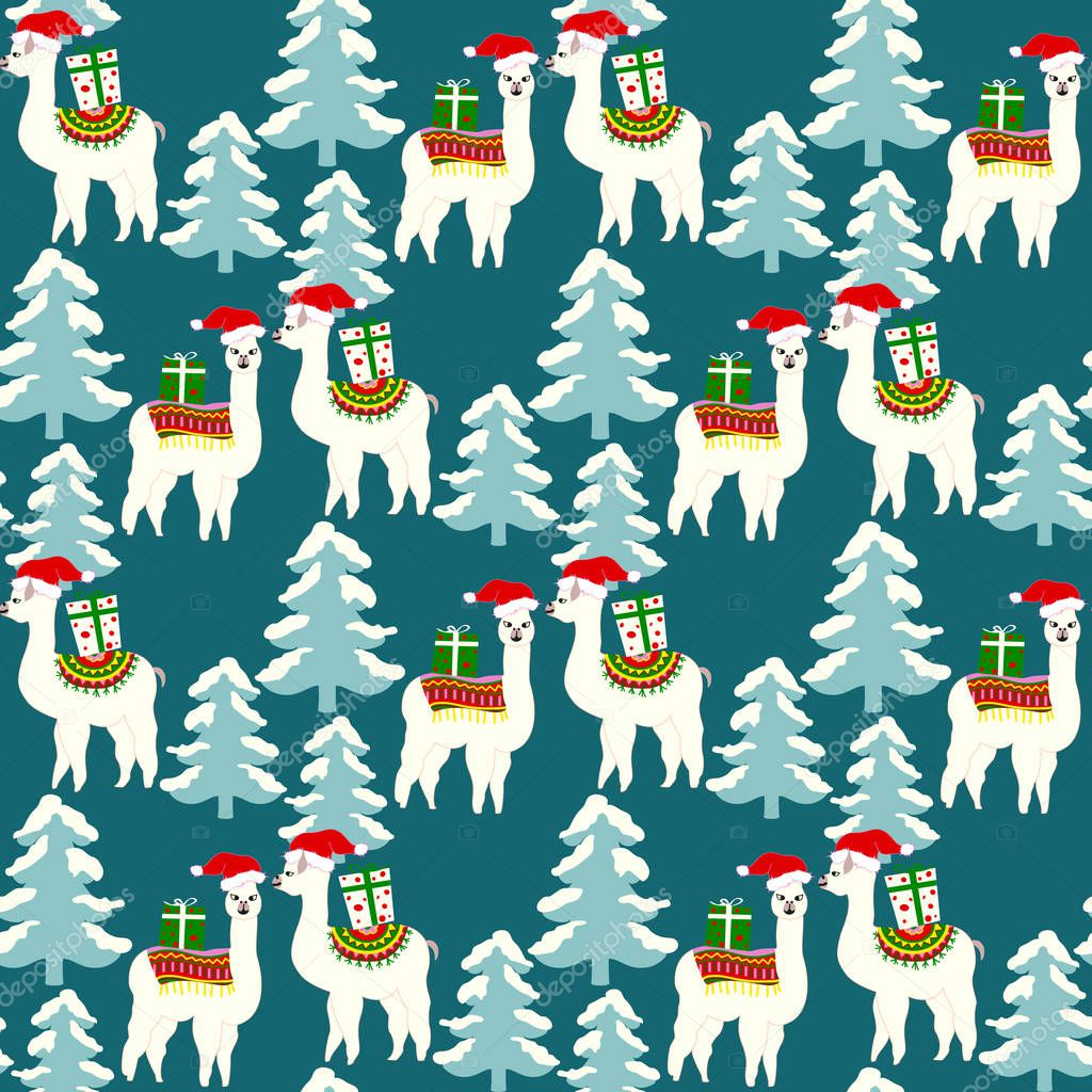 Christmas seamless pattern with cute llamas in hat