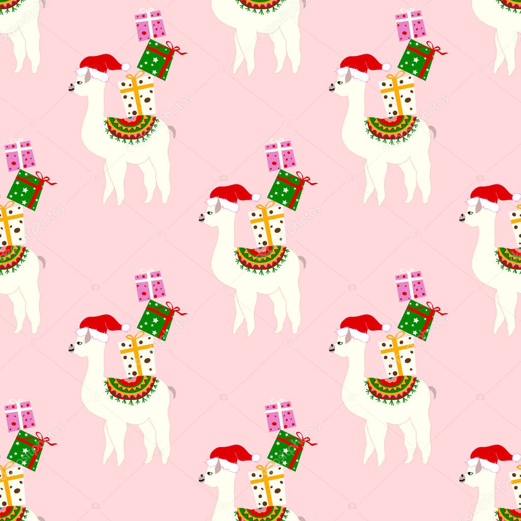 Christmas seamless pattern with cute llamas in hat