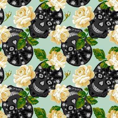Seamless pattern with skull and rose. Floral skull backgroun clipart