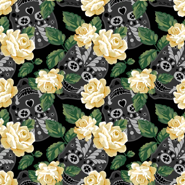 Seamless Pattern Skull Rose Floral Skull Backgroun — Stock Vector