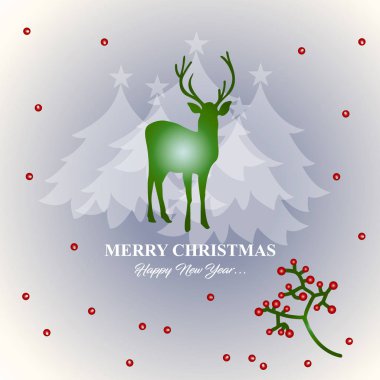 Çilek, geyik ve tre neşeli Noel ve mutlu yeni yıl kartı tasarım