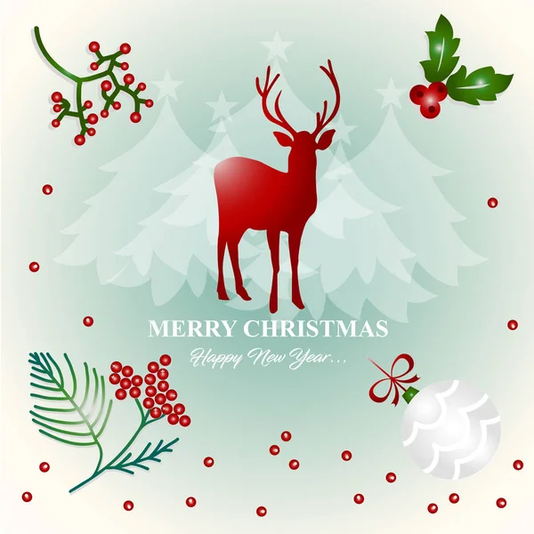 Merry Christmas Happy New Year Card Design Berries Deer — Stock Vector